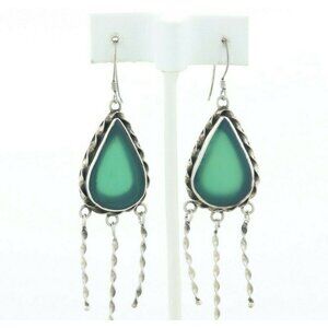 Sterling Silver Green Onyx Dangle Drop Earrings Large Bold